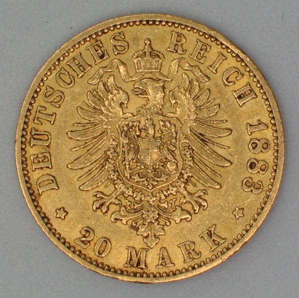 20 Mark "Wilhelm von Preussen", Reichsgold, Goldmark 1883, Deutsches Reich, 900er Gold, Berlin