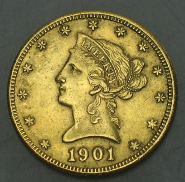 10$ US "Coronet Head" 1901 S "Eagle" USA 900er Gold, San Francisco