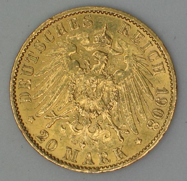 20 Mark "Wilhelm II", Reichsgold, Goldmark 1908, Deutsches Reich, 900er Gold, Berlin