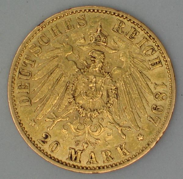 20 Mark "Wilhelm II", Reichsgold, Goldmark 1897, Deutsches Reich, 900er Gold, Berlin