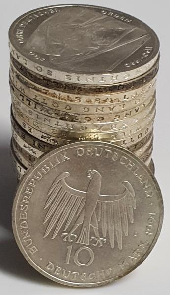 Investorenpaket 20x 10 DM Gedenkmünzen aus 625er Silber bis 1997, 9,69 Gramm Feinsilber, diverse Ausführungen