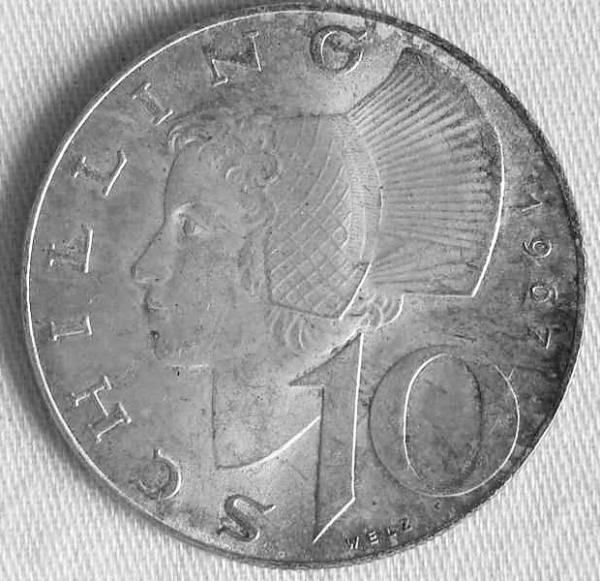 10 Schilling Österreich 1958, 640er Silbermünze