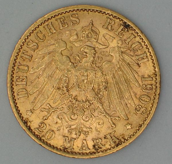 20 Mark "Wilhelm II", Reichsgold, Goldmark 1908, Deutsches Reich, 900er Gold, Berlin