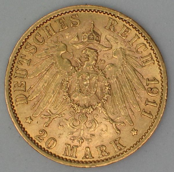 20 Mark "Wilhelm II", Reichsgold, Goldmark 1911, Deutsches Reich, 900er Gold, Berlin