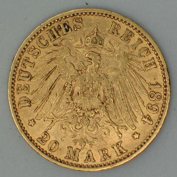 20 Mark "Wilhelm II", Reichsgold, Goldmark 1894, Deutsches Reich, 900er Gold, Berlin