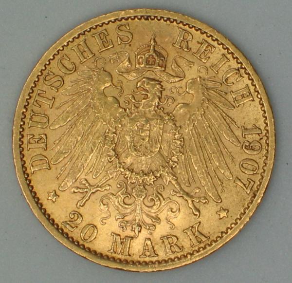 20 Mark "Wilhelm II", Reichsgold, Goldmark 1907, Deutsches Reich, 900er Gold, Berlin