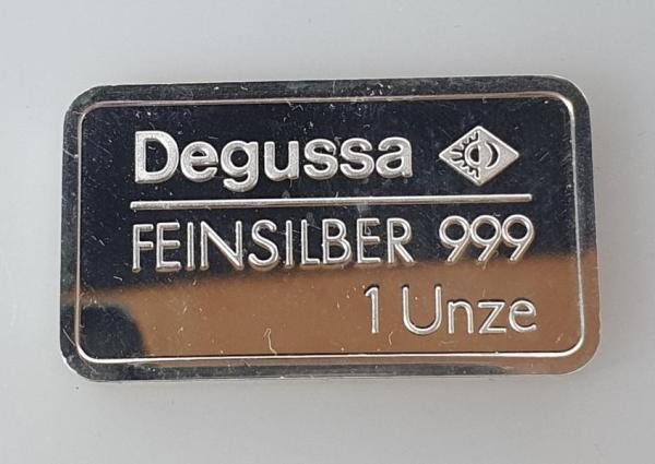 Historischer Degussa Silberbarren 1 oz, Feinsilber 999 in OVP, Rückseitenmotiv
