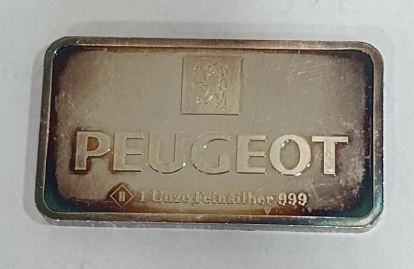 Historischer Silberbarren -Peugeot- 1 oz Feinsilber 999, Rückseitenmotiv: Peugeot 106
