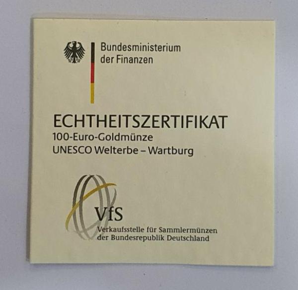 100 Euro Gold 2004 "Wartburg" mit original Münzetui und Beschreibung, 1/2 oz Feingold 999,9