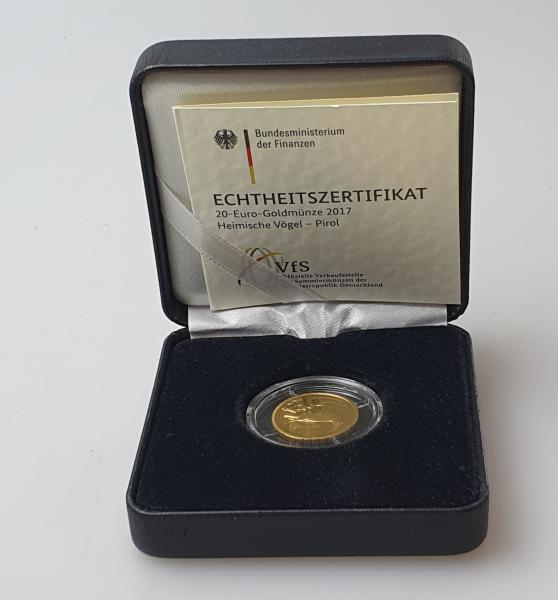 20 Euro Gold 2017 D Heimische Vögel "Pirol" mit original Münzetui und Beschreibung, 1/8 oz Feingold 999,9