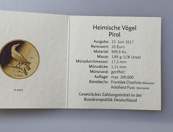 20 Euro Gold 2017 D Heimische Vögel "Pirol" mit original Münzetui und Beschreibung, 1/8 oz Feingold 999,9