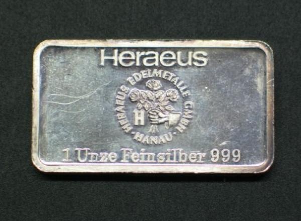 Historischer Heraeus Silberbarren 1 oz, Feinsilber 999, Rückseitenmotiv: Bielefeld