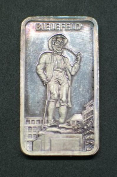 Historischer Heraeus Silberbarren 1 oz, Feinsilber 999, Rückseitenmotiv: Bielefeld