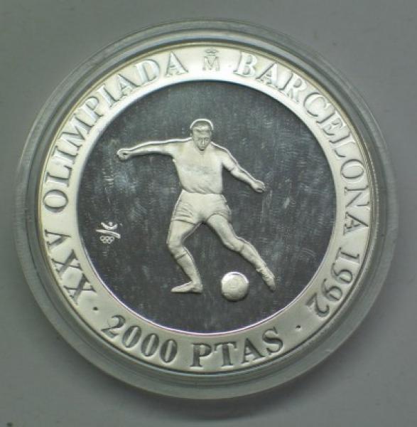 2000 Peseten 1990, Spanien, XXV. Olympia Barcelona 1992, Fussball, Silber 925
