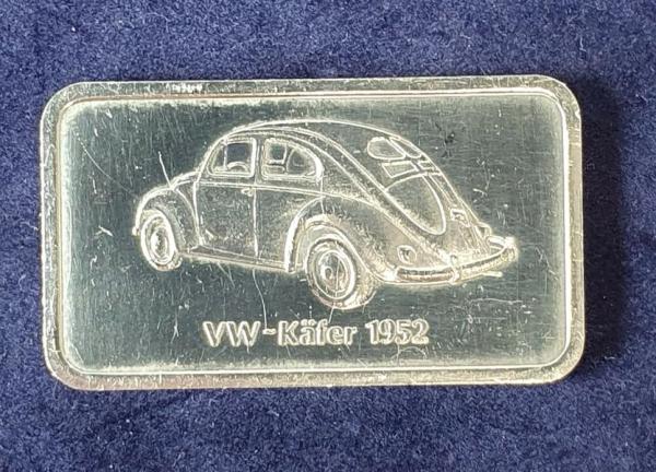 Historischer Degussa Silberbarren 1 oz, Feinsilber 999, Rückseite: VW Käfer 1952