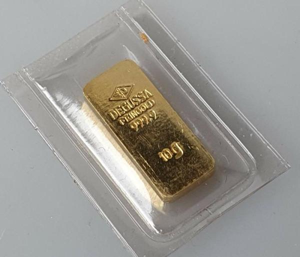 Historischer 10 Gramm Stanzbarren Goldbarren Degussa 999,9 Feingold
