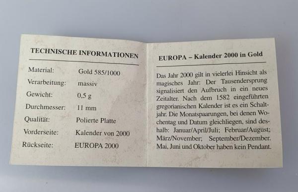 Göde Medaille "Europa - Kalender 2000 in Gold" 585er Gold mit Zertifikat
