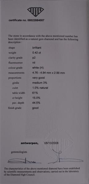 Diamant im Brillantschliff. 0.42 ct mit HRD Report