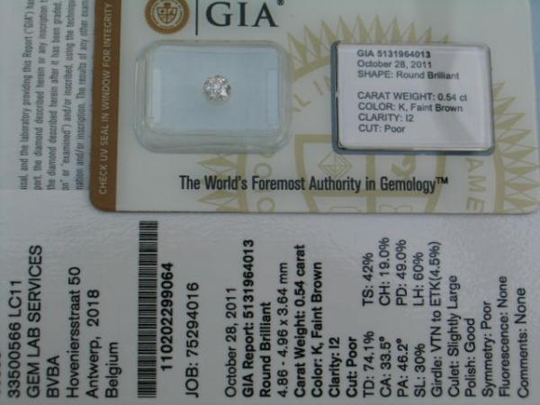 Diamant im Brillantschliff 0.54 ct/ I2 mit GIA Report Faint Brown / K Laser Inscription Registry
