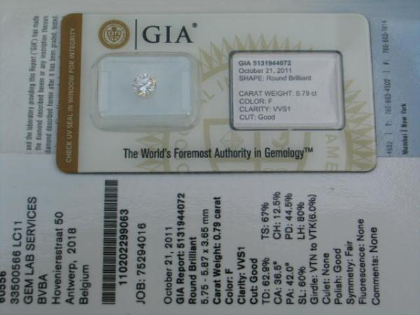 Diamant im Brillantschliff 0.79 ct/ VVS1 mit GIA Report Top Wesselton / F Laser Inscription Registry