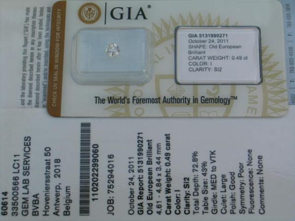Diamant im Old European Cut 0.49 ct/ SI 2 "I" mit GIA Report und Laserinscription