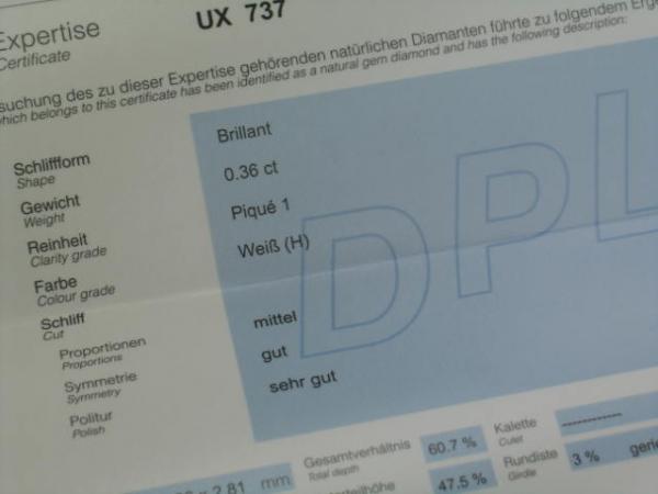 Diamant im Brillantschliff. 0.36 ct / P1 Farbe: H, Schliff: F/ G/ VG incl. DPL Report Idar-Oberstein