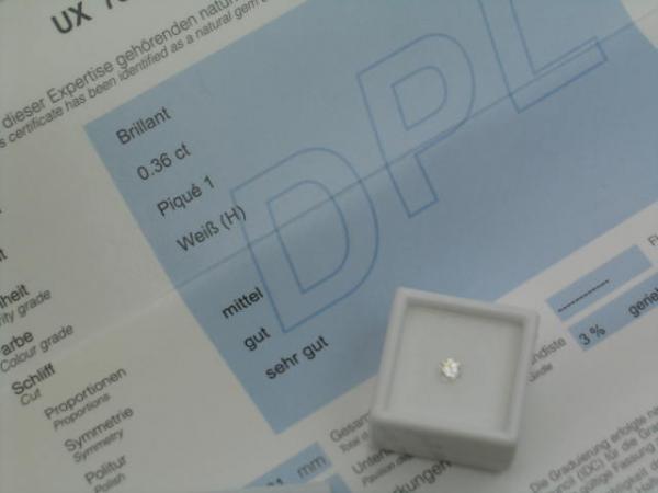 Diamant im Brillantschliff. 0.36 ct / P1 Farbe: H, Schliff: F/ G/ VG incl. DPL Report Idar-Oberstein