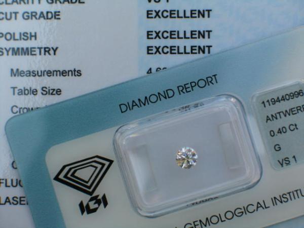 Diamant im Brillantschliff 0.40 ct, 3x Excellent! mit IGI Report, Lasergravur