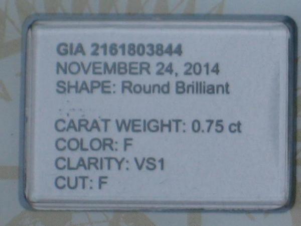 Diamant im Brillantschliff 0.75 ct. Color F, Clarity: VS1 mit GIA Report, Laser Inscription
