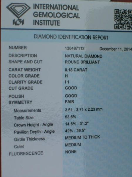 Diamant im Brillantschliff 0.18 ct/ H/ I1/ G/ G/ F/ N mit IGI Report