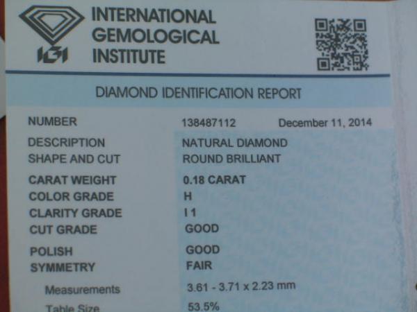 Diamant im Brillantschliff 0.18 ct/ H/ I1/ G/ G/ F/ N mit IGI Report