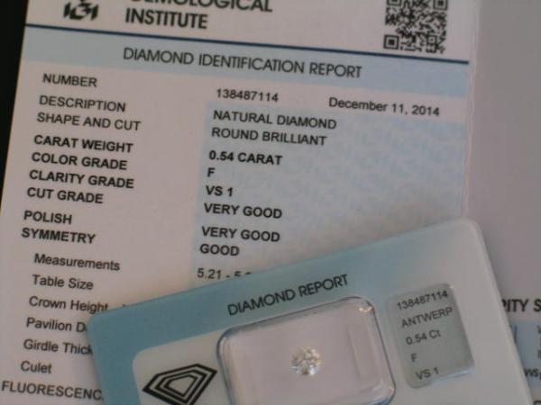 Diamant im Brillantschliff "F" 0.54 ct / VS1/ VG/ VG/ G/ N mit IGI Report