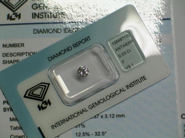 Diamant im Brillantschliff 0.53 ct/ F/ VS1/ VG/ VG/ G/ N mit IGI Report