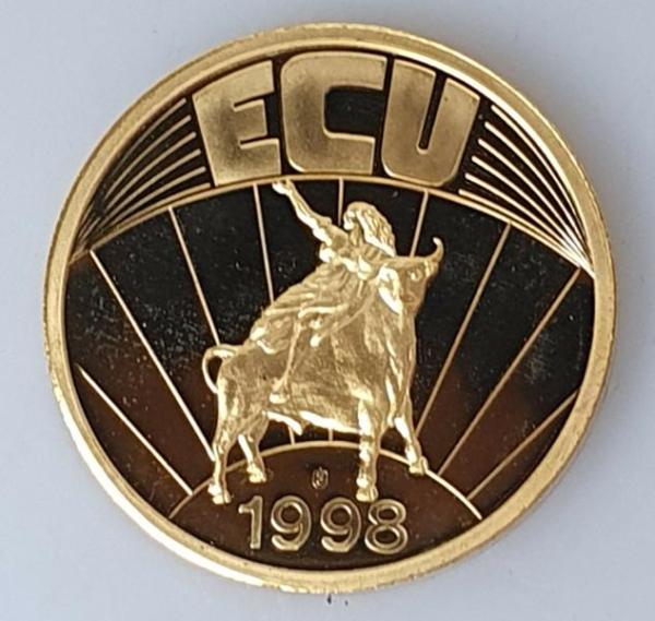 ECU Medaille "1999 - Europa" aus Kupfer/ Nickel vergoldet mit blauer Applikation