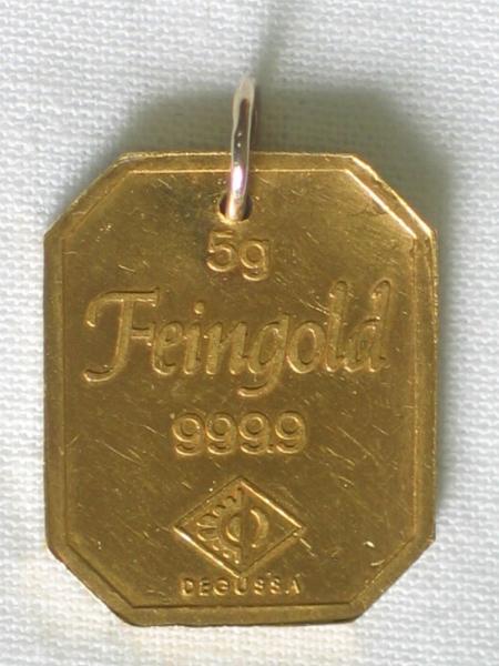 5g Degussa Goldbarren (alte Form) Feingold 999,9 mit Anhängeöse