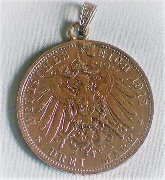 Münzanhänger Drei Mark "Wilhelm II - Preussen" 1912 A aus 900er Silber, Gewicht: 17g