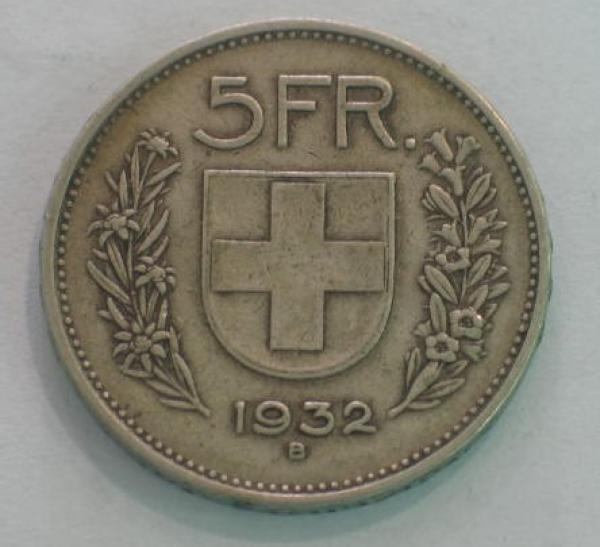 5 Franken Alphirte Schweiz "Confoederatio Helvetica" 1932 B, Silbermünze