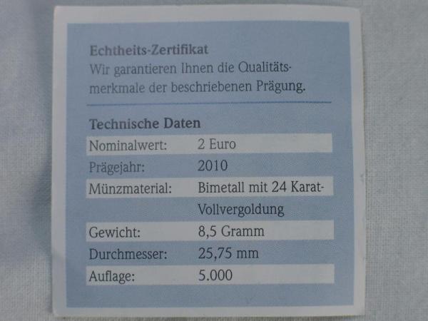 Sonderedition "2 Euro" Sondermünze, Luxemburg, vergoldete Kursmünze aus dem Jahr 2010