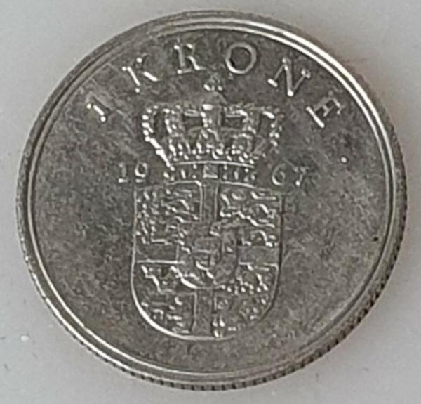 1 Krone, Dänemark, Kursmünze aus dem Jahr 1967