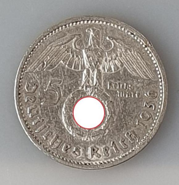 5 Reichsmark "Hindenburg" III Reich 1937 F aus 900er Silber Kerbe