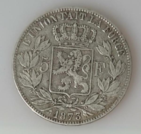5 Franken 1873 König Leopold II, Belgien, 900er Silbermünze