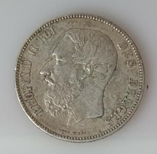5 Franken 1868 König Leopold II, Belgien, 900er Silbermünze