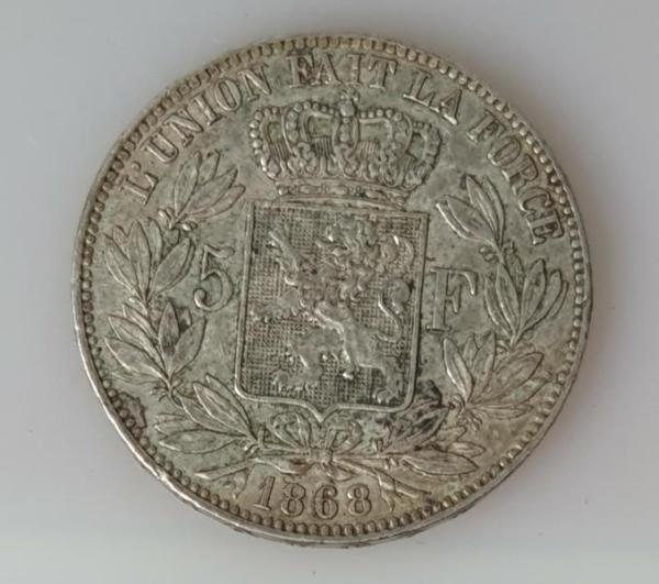 5 Franken 1868 König Leopold II, Belgien, 900er Silbermünze