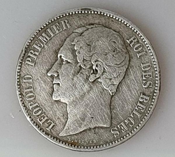 5 Franken 1849 König Leopold I, Belgien, 900er Silbermünze