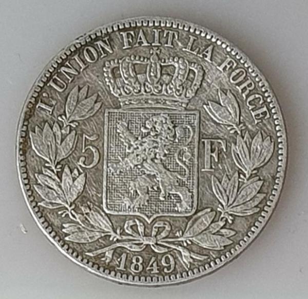 5 Franken 1849 König Leopold I, Belgien, 900er Silbermünze