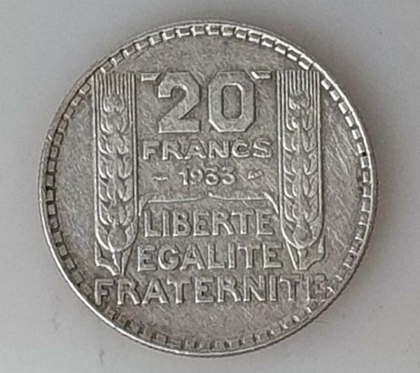 20 Francs 1933 Marianne, Frankreich, 680er Silbermünze