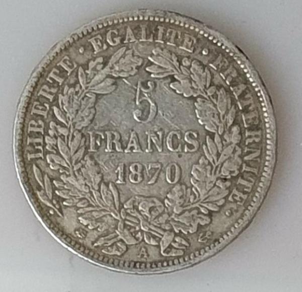 5 Francs 1870 Ceres, Frankreich, 900er Silbermünze