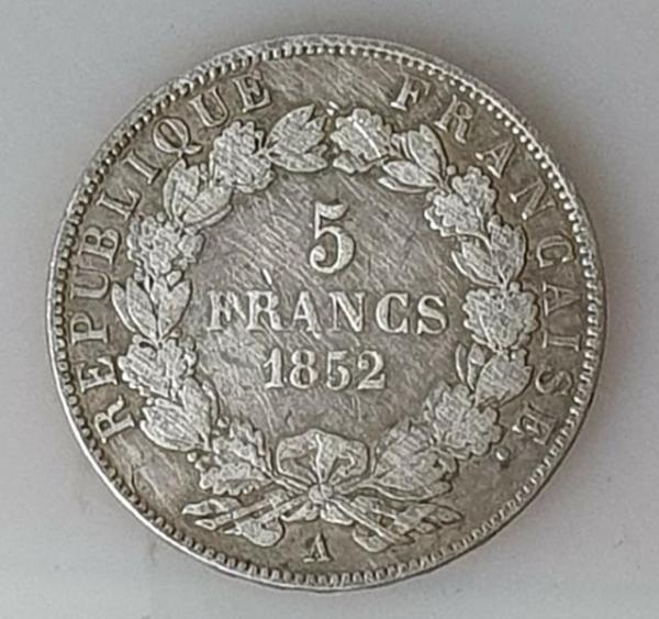 5 Francs 1852 Louis Napoleon Bonaparte, Frankreich, 900er Silbermünze