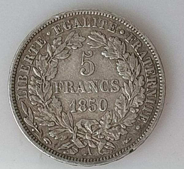 5 Francs 1850 Ceres, Frankreich, 900er Silbermünze