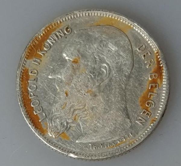 2 Francs 1909 Leopold II, Belgien, 835er Silbermünze